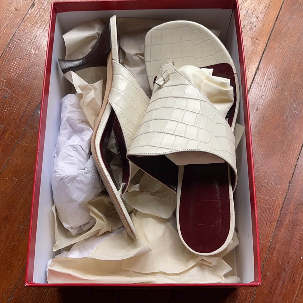 Staud cream croc heels